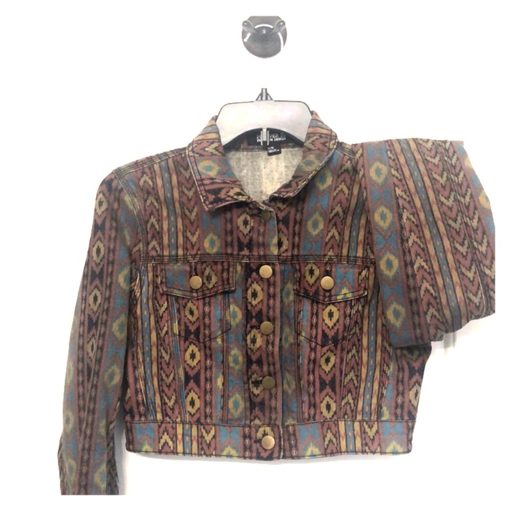 Tribal Print Denim Jacket Crop Top
